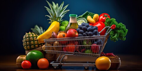 AI Generated. AI Generative. Shopping cart with a lot of fruits and vegetables. Marketing sale holidays promotion vibe. Graphic Art