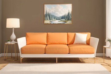 Interior of modern living room with orange sofa. 