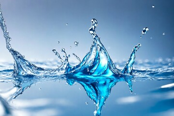 Fototapeta na wymiar Water splash macro close up. Water drops on water surface. Blue background. AI-generated