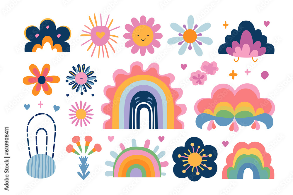 Poster abstract cloud and flower shapes set. collection of various blooming plants with stems and leaves is