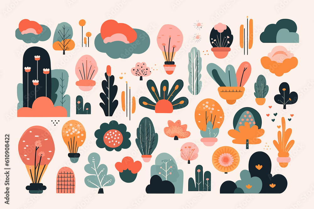 Poster abstract cloud and flower shapes set. collection of various blooming plants with stems and leaves is
