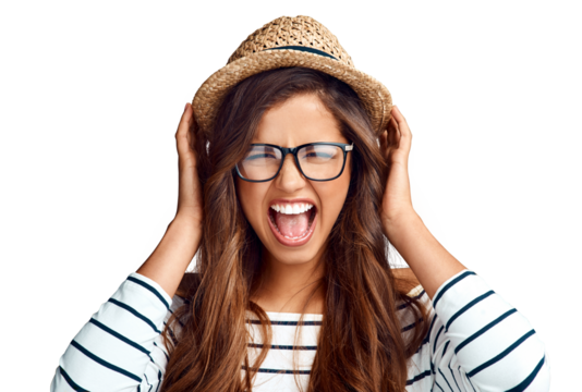 Excited woman, screaming in hat and glasses, excited and shocked, isolated on transparent png background. Wow, excitement and shouting, girl in holiday fashion and hands on head, surprise or shock.