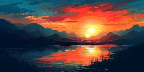 Fototapeta na wymiar A landscape painting of a sunrise over a dark night, symbolizing hope after despair using Generative AI