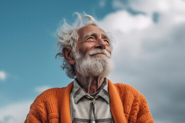 80 year old man with beard and cozy sweater looking up into the sky. Generative AI