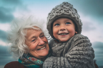 80 year old happy grandmother and grandchild outside in the fresh air. Generative AI