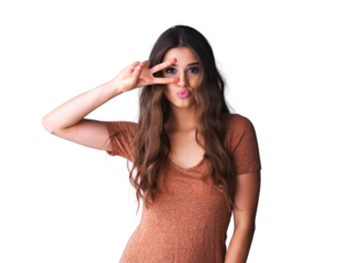 Portrait of happy woman, kiss and peace sign hands, crazy celebration and isolated on transparent png background. Happiness, freedom and excited gen z girl in winning hand gesture, v symbol or emoji.