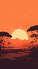 Sunset Over the African Savanna: A Mid-Journey AI Created Stock Illustration