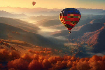 Inspirational beautiful landscape with hot air balloon flying in the sky above high mountain at sunrise or sunset, travel destination advertisement, active leisure or adventure concept. Generative AI