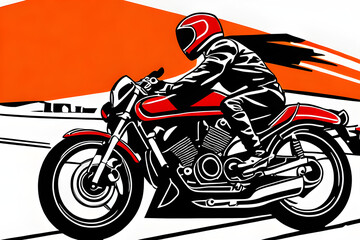 Biker on motorcycle speeding on the road racetrack with helmet and leather jacket on Abstract Pop Cartoon Art Style Background Generated Ai