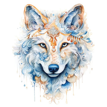 Stylish magic wolf head in watercolor. Created with Generative AI technology.