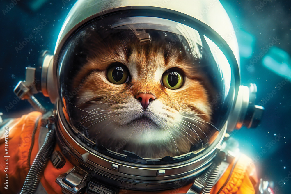 Poster cute space cat dressed in astronaut suit. created with generative ai technology.