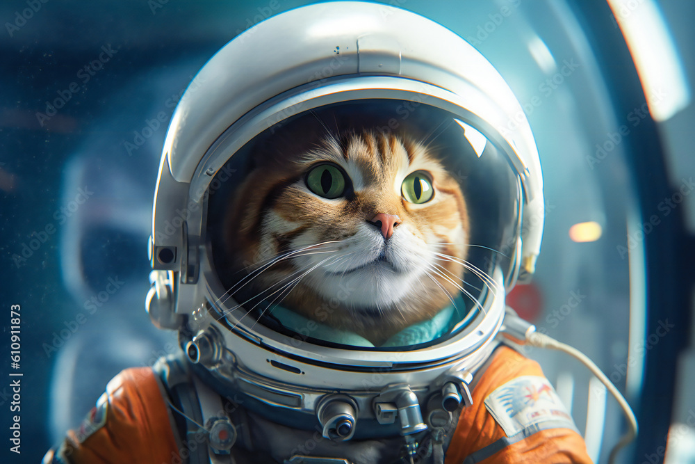 Poster cute space cat dressed in astronaut suit. created with generative ai technology.