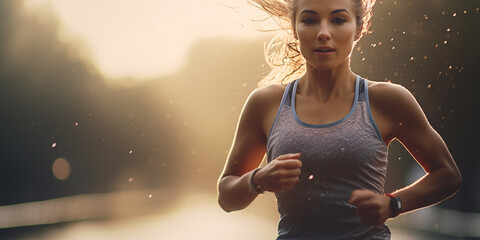 Young attractive athletic woman on early morning run. Female fitness banner. Generative AI...