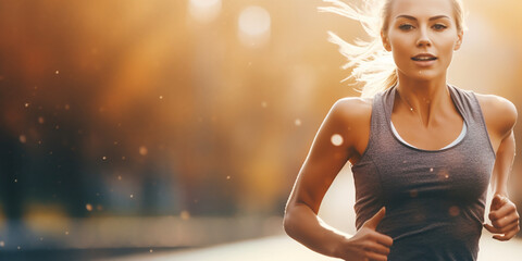 Young attractive athletic woman on early morning run. Female fitness banner. Generative AI...