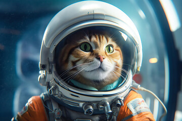 Cute space cat dressed in astronaut suit. Created with Generative AI technology. - obrazy, fototapety, plakaty