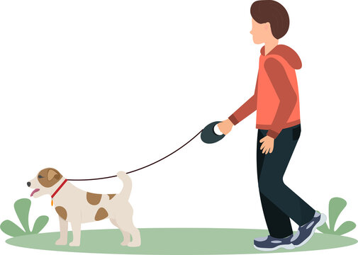 A boy walking with the dog, pet being taken for a walk, pets love concept