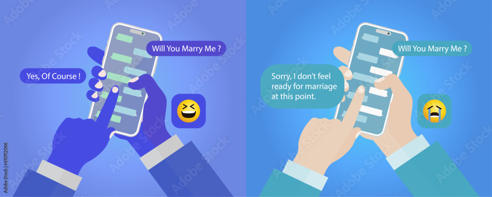 Poster smart phone messenger concept. instant messaging chat on mobile screens in human hands, cell chat me