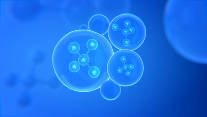 Molecule inside Liquid Bubble, 3d illustration. 3d render