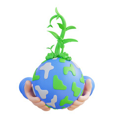 3d illustration hand holding plant growing over the globe