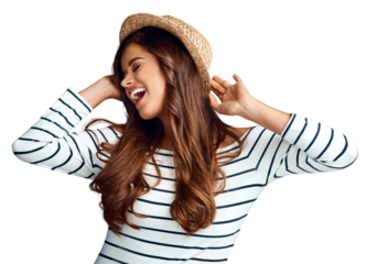 Dance, happy and a woman with a hat and excited isolated on a transparent png background. Laughing, fun and a young playful girl model with fashion clothes, dancing and confidence while stylish