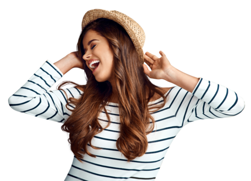 Dance, happy and a woman with a hat and excited isolated on a transparent png background. Laughing, fun and a young playful girl model with fashion clothes, dancing and confidence while stylish