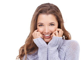 Portrait, winter fashion and smile with a woman isolated on a transparent background for trendy style. Happy, shy and lifestyle with an attractive young female person posing in a sweater on PNG