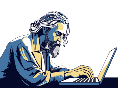 Elderly Beard Man Using Laptop At Workplace And Copy Space.