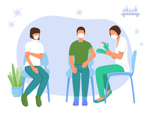 Nurse with syringe with vaccine makes injections to patients in clinic. Young female sitting in line in medical masks. Cartoon flat vector illustration in blue and green colors