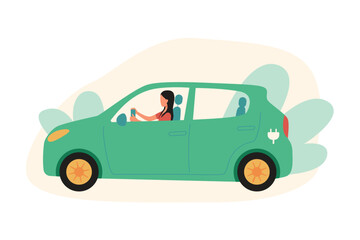 Cartoon young woman rides eco car. Reducing world energy consumption. Usage of green vehicles. Modern eco urban transport. Vector flat illustration on white background