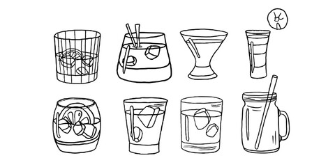 Hand-drawn set with cocktails collection. Acoholic drinks with ice cubes and fruits.  Original doodle style. Great for banners, sites, bar menu design, packaging or advertising.  Vector illustration 