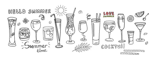 Big set with cocktails collection. Alcoholic and non-alcoholic summer drinks with ice cubes, fruits and text.  Great for banners, menu design, advertising.  Vector illustration EPS10 in doodle style