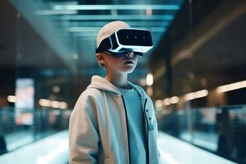 Teenage boy watching and wearing virtual reality goggles in mall. Adult looking in VR glasses, experiencing 3D gadget technology. Simulator glasses, another reality concept. Generative AI Technology.