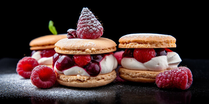 Buiscuits Dessert mit Himbeer Fr&uuml;chten Nahaufnahme, ai generativ