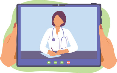 Online conference with cartoon female doctor on tablet. Distance group call. Video call meeting with therapist. Vector flat style illustration on white background