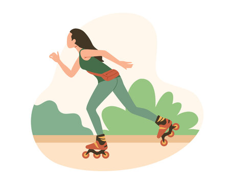 Young active people using eco friendly transport. Cartoon brunette girl skating on roller skates. Vector flat style illustration isolated on white background