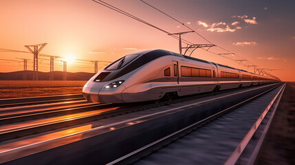 Obraz na płótnie Canvas High-speed train on the railway at sunset. . Concept of speed and motion. created by generative AI