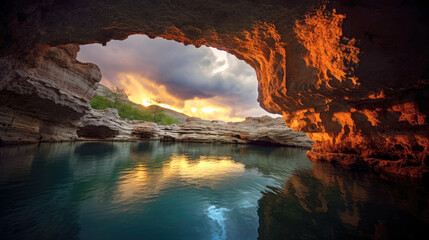 Cave with lake. Generative AI