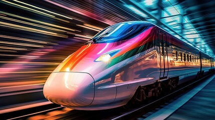 Fototapeta premium High speed train with motion blur. Concept of speed and motion. created by generative AI