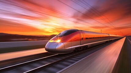 Fototapeta premium High-speed train on the railway at sunset. . Concept of speed and motion. created by generative AI