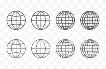 Earth globe icon set. Internet symbol, earth, network, easily editable line art vector for design on transparent background. Vector stock illustration.