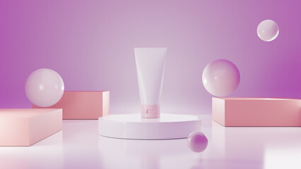 Cosmetic product mockup on podium with purple background, cosmetics product as beauty brand design. 3D render image.