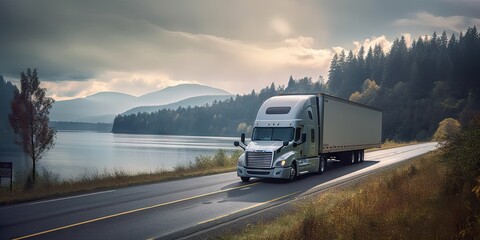 Majestic Journey. Semi Truck Roaming Amidst Mountainous Backdrop