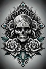 Intricate image of a skull and flowers. Old school tattoo. (AI-generated fictional illustration)
