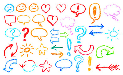 Fototapeta na wymiar doodle Crayon speech bubbles, arrows, heart shape, smile, sign, symbols funny set. 