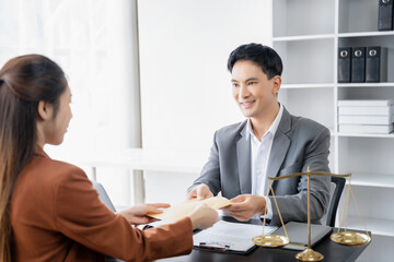 Government officials receiving bribe money from business man the concept of corruption and anti bribery.