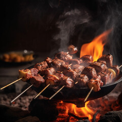 Grilled meat kebab on skewers on an open fire, on a dark background, Generative AI, generative artificial intelligence