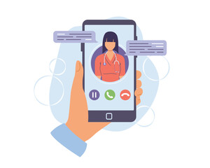 View from phone screen of patient talking to doctor. Distance communication with therapists using video calls. Modern medicine services. Vector illustration