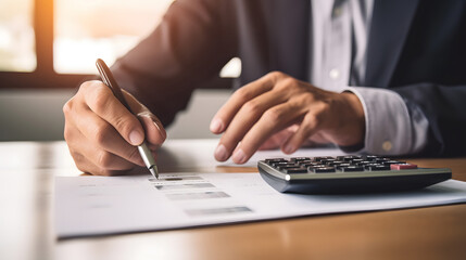Businessman using the calculator to calculate business data at office, record data. AI Generated.