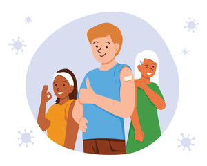 Portrait of young friends with medical patch at vaccination site. Multinational characters smile after getting vaccinated and protecting health from viruses. Flat vector illustration