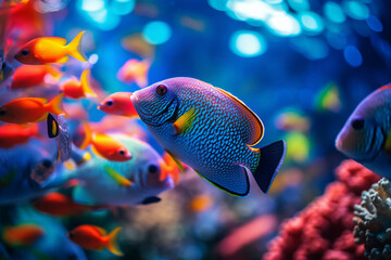 Shoal of colorful tropical fish against a backdrop of vibrant coral - underwater, bokeh Generative AI